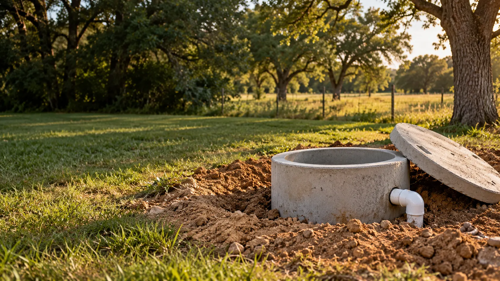 Illustrative open septic access riser in a rural yard